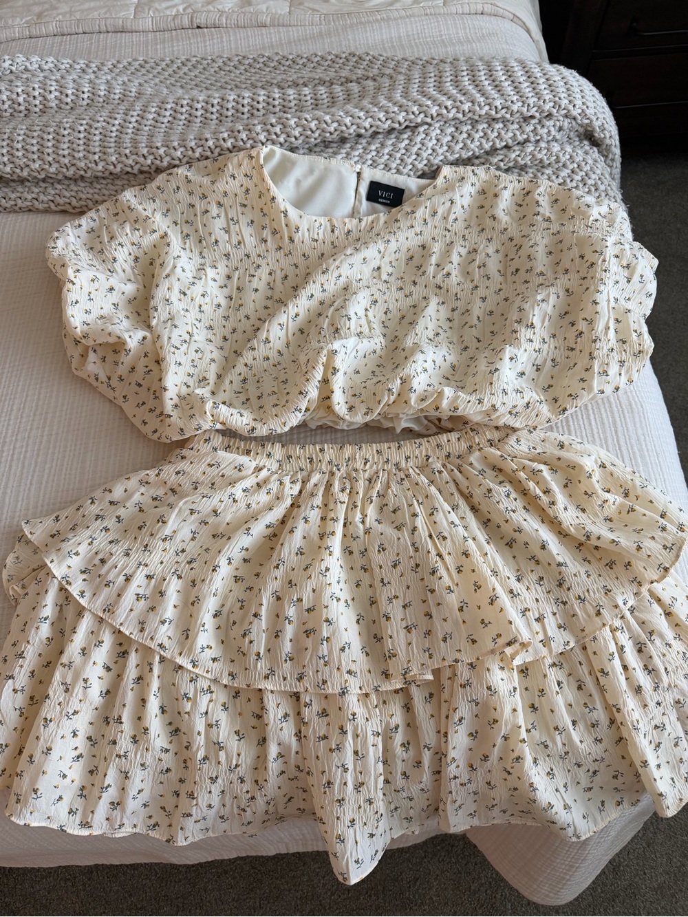 Vici Cream Floral Ruffle Two-Piece Blouse and Skirt